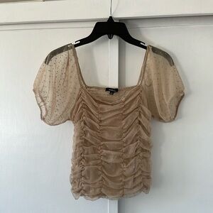 sheer polka dot ruched blouse • size small • balloon sleeves • neutral